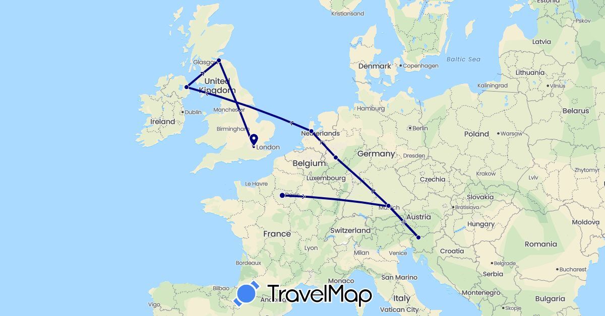 TravelMap itinerary: driving in Germany, France, United Kingdom, Netherlands, Slovenia (Europe)